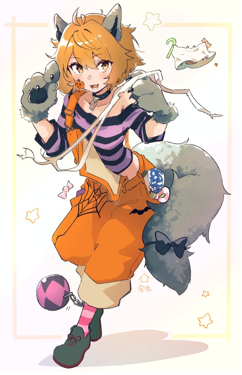 1girl absurdres ahoge animal_collar animal_costume animal_ears animal_hands black_bow black_collar black_shirt blush bow collar collarbone commentary_request cropped_shirt double-parted_bangs fake_animal_ears fake_tail fangs full_body gloves grey_shoes hair_between_eyes hair_flaps halloween halloween_costume highres kantai_collection looking_at_viewer lower_teeth_only ma_rukan messy_hair oboro_(halloween)_(kancolle) oboro_(kancolle) off-shoulder_shirt off_shoulder official_alternate_costume open_mouth orange_eyes orange_hair orange_overalls overalls paw_gloves paw_pose pink_socks pumpkin_ornament purple_shirt shirt shoes short_hair simple_background skin_fangs socks solo striped_clothes striped_shirt striped_socks tail tail_bow tail_ornament teeth three-quarter_sleeves translation_request walking white_background wolf_costume wolf_ears wolf_tail