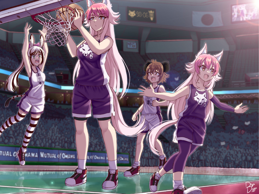 4girls animal_ears arms_at_sides arms_up artist_name ball basketball basketball_(object) basketball_uniform black_hair black_thighhighs brown_hair closed_mouth drogo_doggo expressionless fangs female_focus green_eyes highres holding holding_ball hyena_ears hyena_girl japanese_flag jumping leggings legs_apart long_hair looking_at_another madaraba_iena mashima_chloe meme multicolored_hair multiple_girls murenase!_shiiton_gakuen okami_feriru okami_ranka open_mouth outstretched_arms over-kneehighs pantyhose pantyhose_under_shorts petite pink_hair playing_sports ponytail purple_leggings purple_shirt purple_shorts red_footwear shirt short_hair shorts siblings sisters slam_dunk_(basketball) sleeveless sleeveless_shirt smug socks sportswear standing striped_clothes striped_thighhighs surprised t-shirt tail tall_female teeth thighhighs tomboy two-tone_hair two-tone_shirt two-tone_shorts two-tone_thighhighs wade-lebron_dunk_picture_(meme) white_hair white_shirt white_shorts white_socks white_thighhighs wolf_ears wolf_girl wolf_print wolf_tail yellow_eyes zebra_(animal)_print zebra_ears zebra_girl zebra_tail