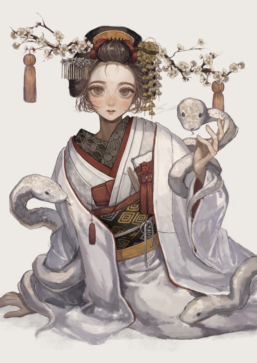 1girl absurdres animal brown_hair chinese_zodiac floral_print flower forehead hair_ornament haori highres japanese_clothes kanzashi kimono looking_at_viewer nihongami original plum_blossoms sayoko_(sayosny2) simple_background snake solo tsumami_kanzashi white_kimono white_snake year_of_the_snake