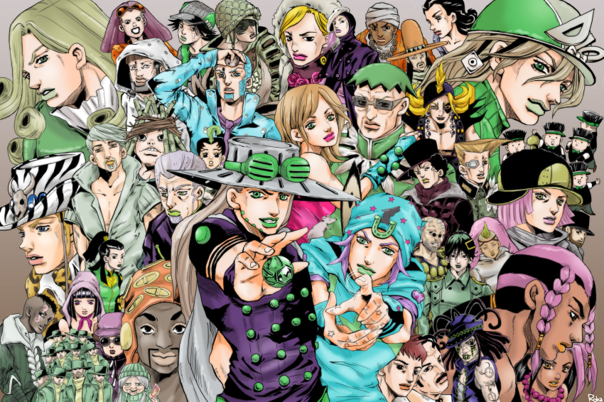 6+boys 6+girls andre_boomboom axl_ro benjamin_boomboom black_hair blackmore blonde_hair blue_hair character_request dark_skin dark-skinned_male diego_brando disco_(jojo) disco_(sbr) doctor_ferdinand dr._ferdinand eleven_men_(jojo) eleven_men_(sbr) everyone closed_eyes f_v_stroheim facial_hair fritz_von_stroheim funny_valentine green_hair green_lips gregorio_zeppeli gyro_zeppeli higashikata_norisuke highres hood hot_pants_(sbr) johnny_joestar jojo_no_kimyou_na_bouken kurohara_(niconicoseiga) kurohara_(nicoseiga) kurohara_(roha_nes) l._a._boomboom l_a_boomboom lipstick long_hair looking_at_viewer lucy_steel magenta_magenta makeup mike_o mike_o. mountain_tim mrs._brando_(sbr) multiple_boys multiple_girls oyecomova pink_hair pocoloco pork_pie_hat_kid purple_hair ringo_roadagain sandman_(sbr) scarlet_valentine short_hair smile steel_ball_run steven_steel sugar_mountain urmd_abdul wekapipo white_hair