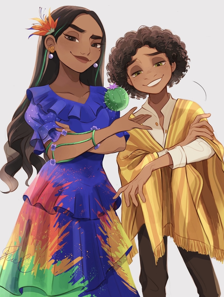 1boy 1girl blue_dress brown_eyes brown_hair brown_pants cactus camilo_madrigal cousins crossed_arms dark-skinned_female dark-skinned_male dark_skin dress earrings encanto flower green_eyes grin hair_flower hair_ornament highres isabela_madrigal jewelry long_dress long_hair looking_at_viewer melchencanto paint_on_clothes paint_splatter pants poncho shirt short_hair simple_background smile smirk sphere_earrings white_background white_shirt yellow_poncho