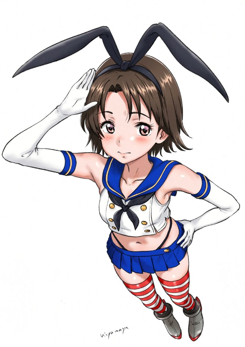 1girl bare_shoulders blue_skirt blush breasts brown_eyes brown_hair closed_mouth collarbone cosplay elbow_gloves from_above full_body girls_und_panzer gloves hair_ribbon hand_on_own_hip highres hiyama_yuu_(wee259hiyama) kantai_collection looking_at_viewer looking_up microskirt midriff navel pleated_skirt ribbon sawa_azusa shimakaze_(kancolle) shimakaze_(kancolle)_(cosplay) short_hair signature skirt small_breasts solo striped_clothes striped_thighhighs thighhighs white_gloves