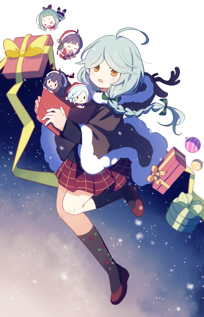 5girls ^_^ absurdres akaruku animal_hood blue_hair blush bow box braid christmas christmas_ornaments closed_eyes fake_antlers fujinami_(kancolle) fur_trim gift gift_box green_hair hamanami_(christmas)_(kancolle) hamanami_(kancolle) hayanami_(christmas)_(kancolle) hayanami_(kancolle) highres holding holding_box hood hood_down kantai_collection kneehighs light_blue_hair long_hair mini_person minigirl multiple_girls open_mouth orange_eyes purple_hair red_footwear red_skirt ribbon shoes single_braid skirt socks suzunami_(kancolle) tamanami_(kancolle)