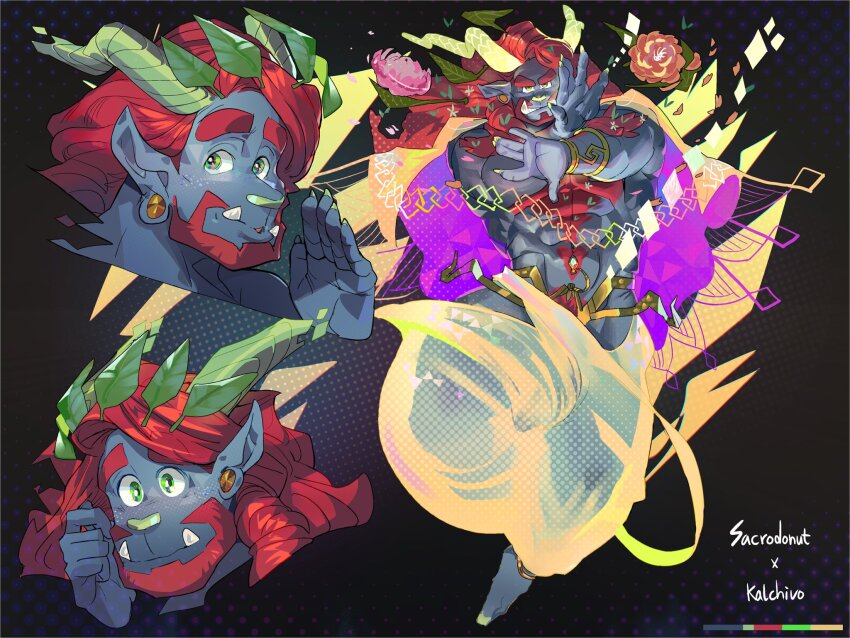 1boy abs artist_collaboration bara body_fur bracer chivo_(kalchivo) colored_skin commission earrings multiple_expressions fey_orc_(sacrodonut) finger_to_cheek fingernails florakinesis flower freckles frown full_body gem glowing_horns gold green_gemstone green_nails grey_skin hand_up heart-shaped_body_hair highres horns huge_eyebrows jewelry large_horns leaf looking_at_viewer male_focus mature_male monster_boy muscular muscular_male orc original petals pointy_ears red_hair rose sacrodonut sanpaku serious sharp_fingernails shy telekinesis topless_male tusks v-taper very_long_ears whispering