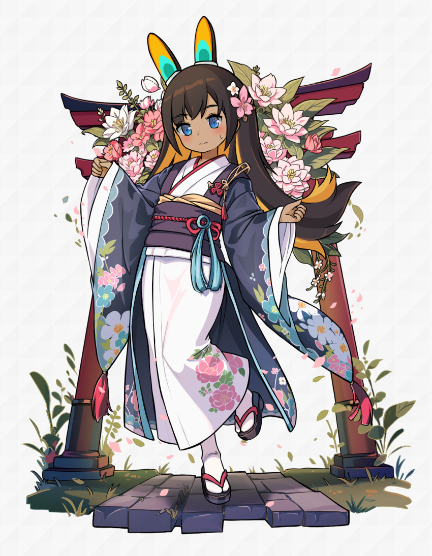 1girl blush brown_hair closed_mouth colored_inner_hair dark-skinned_female dark_skin flower flower_request full_body grey_background highres japanese_clothes multicolored_hair mwm5 obi pink_flower sandals sarliha sash socks sweatdrop tabi torii white_flower white_socks wide_sleeves world_flipper