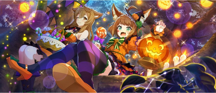 2girls :3 ;) ahoge amy_(konosuba) animal_ear_fluff animal_ears armpit_crease basket black_collar black_hat black_wrist_cuffs boots bow bowtie braid braided_sidelock breasts brown_eyes brown_hair camisole candle candy candy_cane child cleavage closed_mouth collar detached_collar double-parted_bangs dress droopy_ears facial_mark fang fold-over_boots food frilled_dress frilled_straps frills from_below game_cg green_bow green_bowtie green_eyes hair_between_eyes hair_bow halloween halloween_costume hat hat_ornament high_heels highres holding holding_basket holding_candy holding_food holding_lantern holding_lollipop in_tree jack-o&#039;-lantern kono_subarashii_sekai_ni_shukufuku_wo! konosuba!_fantastic_days lantern large_breasts layered_dress leaf_hat_ornament light_blush lollipop long_hair looking_at_viewer looking_down mark_under_eye medium_hair miia_(konosuba) mini_hat mini_witch_hat miniskirt mole mole_under_eye multiple_girls neck_ribbon night official_alternate_costume official_art one_eye_closed open_mouth orange_camisole orange_dress orange_skirt orange_wrist_cuffs outdoors pumpkin_hat_ornament purple_boots purple_ribbon purple_thighhighs red_bow red_brooch ribbon short_dress short_sleeves sidelocks silk sitting sitting_in_tree skirt smile spaghetti_strap spider_web star_(symbol) star_facial_mark striped_bow striped_bowtie striped_clothes striped_thighhighs swept_bangs swirl_lollipop thighhighs tree two-tone_wrist_cuffs very_long_hair witch_hat wrist_cuffs zettai_ryouiki
