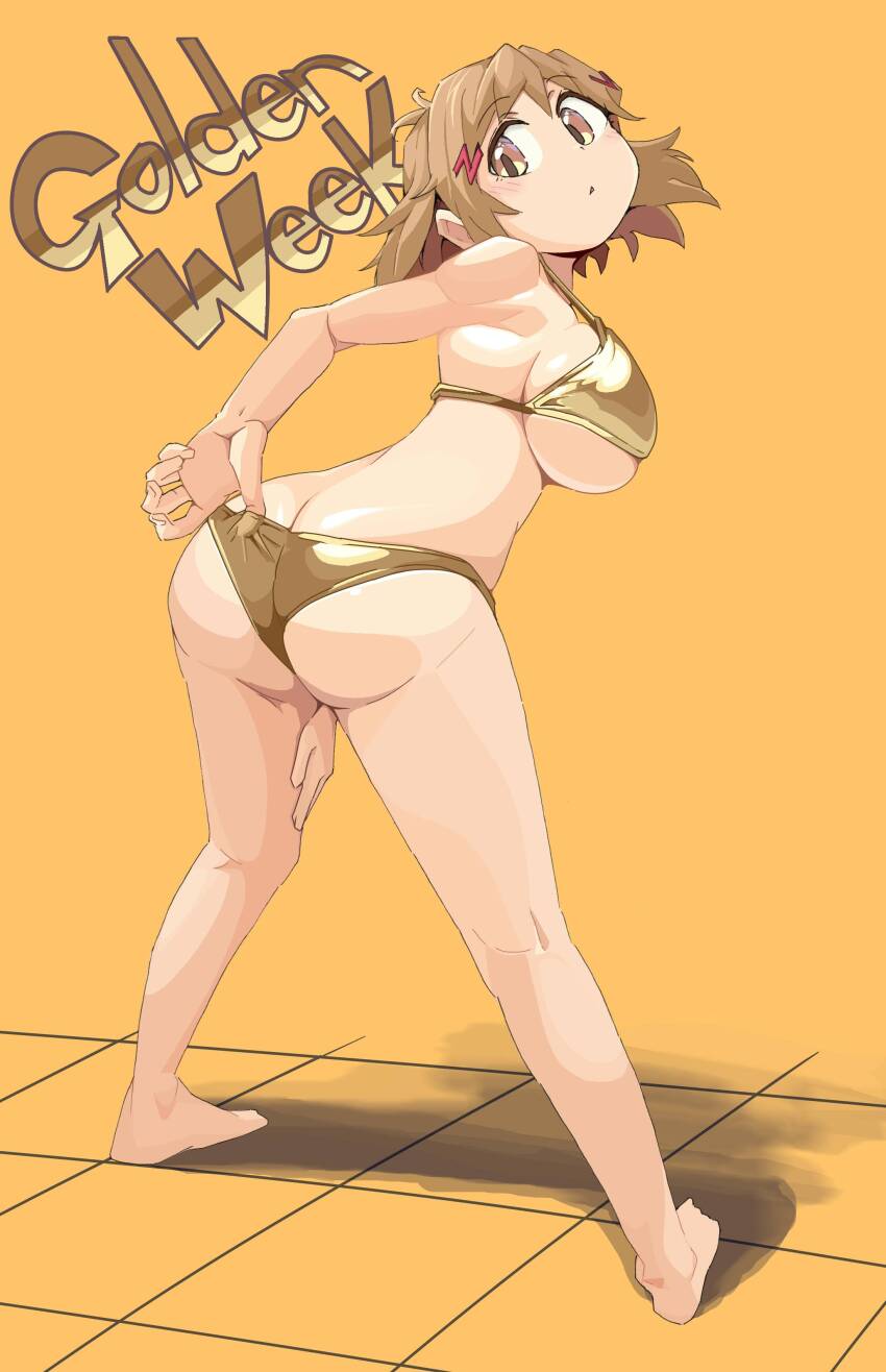 1girl absurdres adjusting_clothes adjusting_swimsuit ass barefoot bikini breasts butt_crack chestnut_mouth english_text feet full_body gold_bikini golden_week highres large_breasts senki_zesshou_symphogear sideboob slyger_ex solo standing swimsuit tachibana_hibiki_(symphogear) toes undersized_breast_cup undersized_clothes
