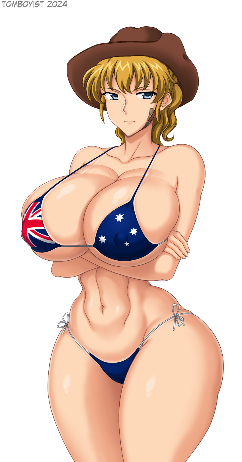 1girl australia australian_flag australian_flag_print bikini blonde_hair blue_eyes breasts cleavage covered_erect_nipples crossed_arms curvy flag_bikini flag_print hat highres large_breasts legs looking_at_viewer medium_hair navel ponytail solo swimsuit tan tanline thick_thighs thighs thong_bikini tomboyist tomoboyist toned umineko_no_naku_koro_ni unamused ushiromiya_jessica wide_hips