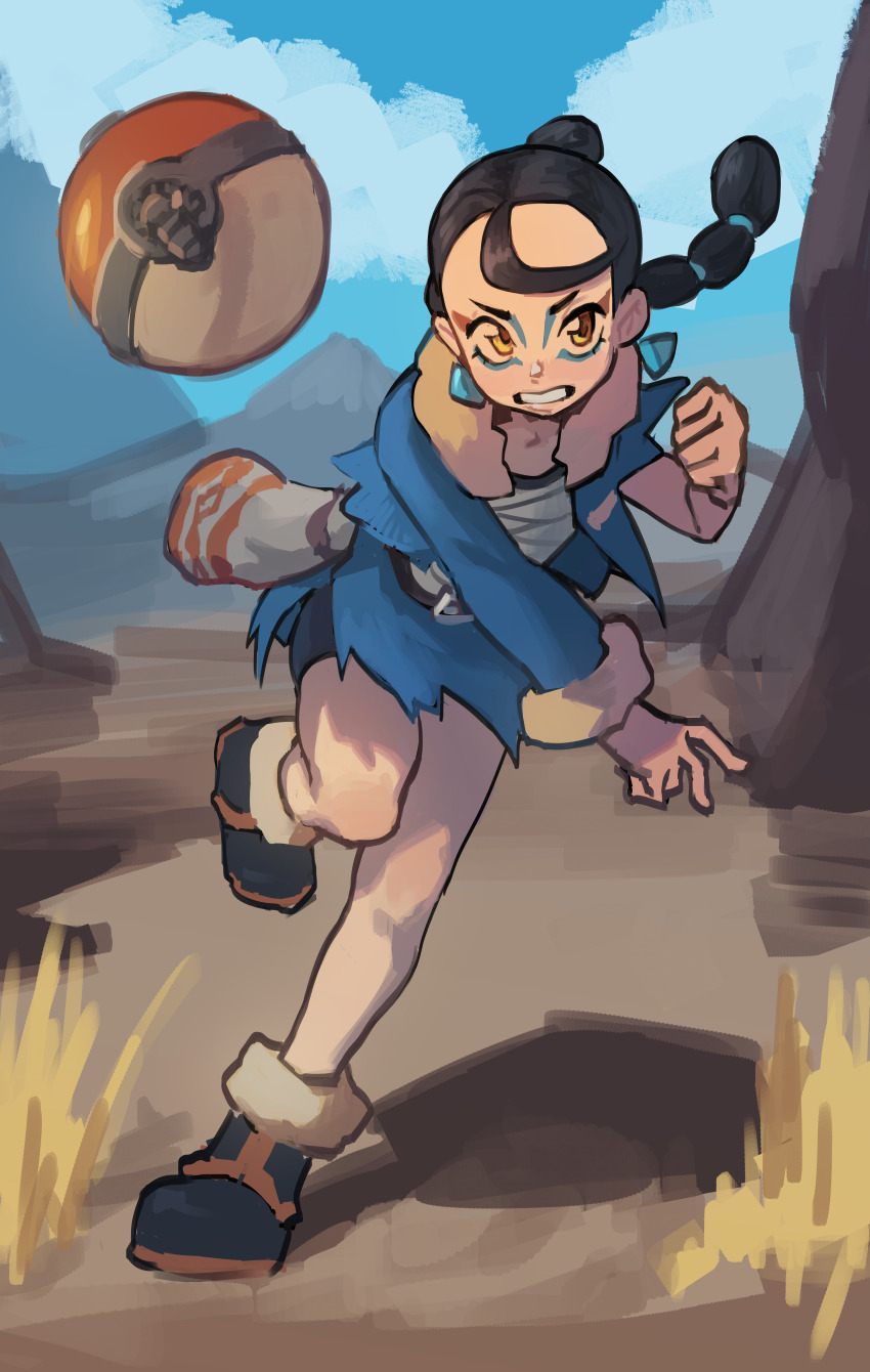 1girl absurdres bike_shorts bike_shorts_under_skirt black_hair black_shorts blue_jacket blue_skirt blue_sky boots brown_eyes chest_sarashi clenched_hand clenched_teeth cloud cloudy_sky clover_(pokemon) dry_grass earrings facepaint full_body fur-trimmed_boots fur-trimmed_jacket fur-trimmed_sleeves fur_trim grass hand_up highres hisuian_poke_ball jacket jewelry leg_up long_hair looking_at_viewer multi-tied_hair nintendo no_sclera outdoors piku184 poke_ball pokemon pokemon_legends:_arceus sarashi short_shorts shorts single_bang single_sleeve skirt sky solo standing standing_on_one_leg teeth throwing throwing_poke_ball torn_clothes torn_skirt torn_sleeve triangle_earrings twintails v-shaped_eyebrows