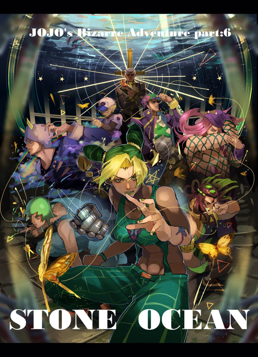 3girls 5boys abs baseball_cap baseball_uniform bug butterfly commentary copyright_name emporio_alnino enrico_pucci ermes_costello foo_fighters_(jojo) fur_hat green_eyes green_hair hat highres horned_hat insect jojo_no_kimyou_na_bouken kuujou_jolyne kuujou_joutarou letterboxed multiple_boys multiple_girls narciso_anasui overalls pink_hair short_hair sportswear stone_ocean weather_report yoru_tsuki12