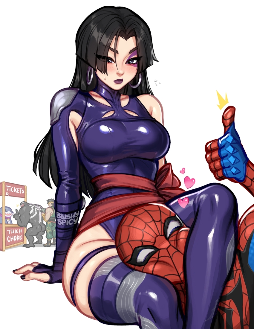 1girl 3boys between_thighs black_hair black_nails blush blushyspicy bodysuit breasts costume earrings head_between_thighs heart highres hoop_earrings iron_fist_(marvel) jeff_(marvel) jewelry large_breasts leotard long_hair market_stall marvel marvel_rivals multiple_boys psylocke psylocke_(vengeance) purple_leotard purple_lips purple_thighhighs sash simple_background single_bare_shoulder sitting spider-man spider-man_(series) superhero_costume sweatdrop thighhighs thumbs_up venom_(marvel) white_background x-men