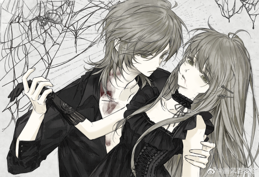 2000s_(style) absurdres black_dress couple dress ear_piercing earrings fengguai highres hug jewelry long_hair original piercing shirt