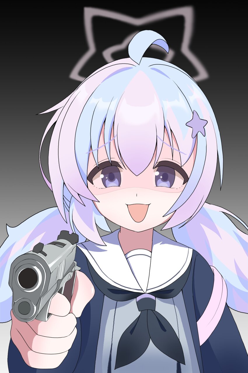 1girl absurdres ahoge aiming blue_archive blue_hair cran_berrie grey_background gun hair_ornament halo handgun highres low_twintails multicolored_hair open_mouth pink_hair pistol pointing_gun_at_viewer purple_eyes reisa_(blue_archive) sailor_collar school_uniform shaded_face smile solo star_(symbol) star_hair_ornament twintails weapon