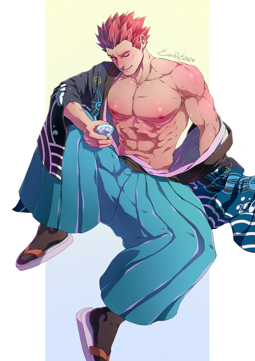 1boy abs alcohol artist_name bara biceps blue_kimono choko_(cup) cup evinist hakama highres japanese_clothes kimono lance_(new_year&#039;s_2021)_(pokemon) lance_(pokemon) large_pectorals looking_at_viewer male_focus manly mature_male muscular muscular_arms muscular_male nintendo nipples one_eye_closed pectorals pokemon pokemon_masters_ex red_eyes red_hair sake sandals signature simple_background sitting smile socks solo spread_legs yukata