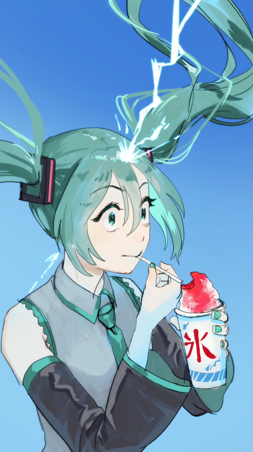 1girl absurdres blue_background blue_eyes blue_hair brain_freeze collared_shirt constricted_pupils detached_sleeves eating floating_hair food hair_ornament hatsune_miku highres holding holding_spoon long_hair long_sleeves nail_polish naimaze_atakamo necktie shaved_ice shirt sleeveless sleeveless_shirt solo spoon twintails very_long_hair vocaloid