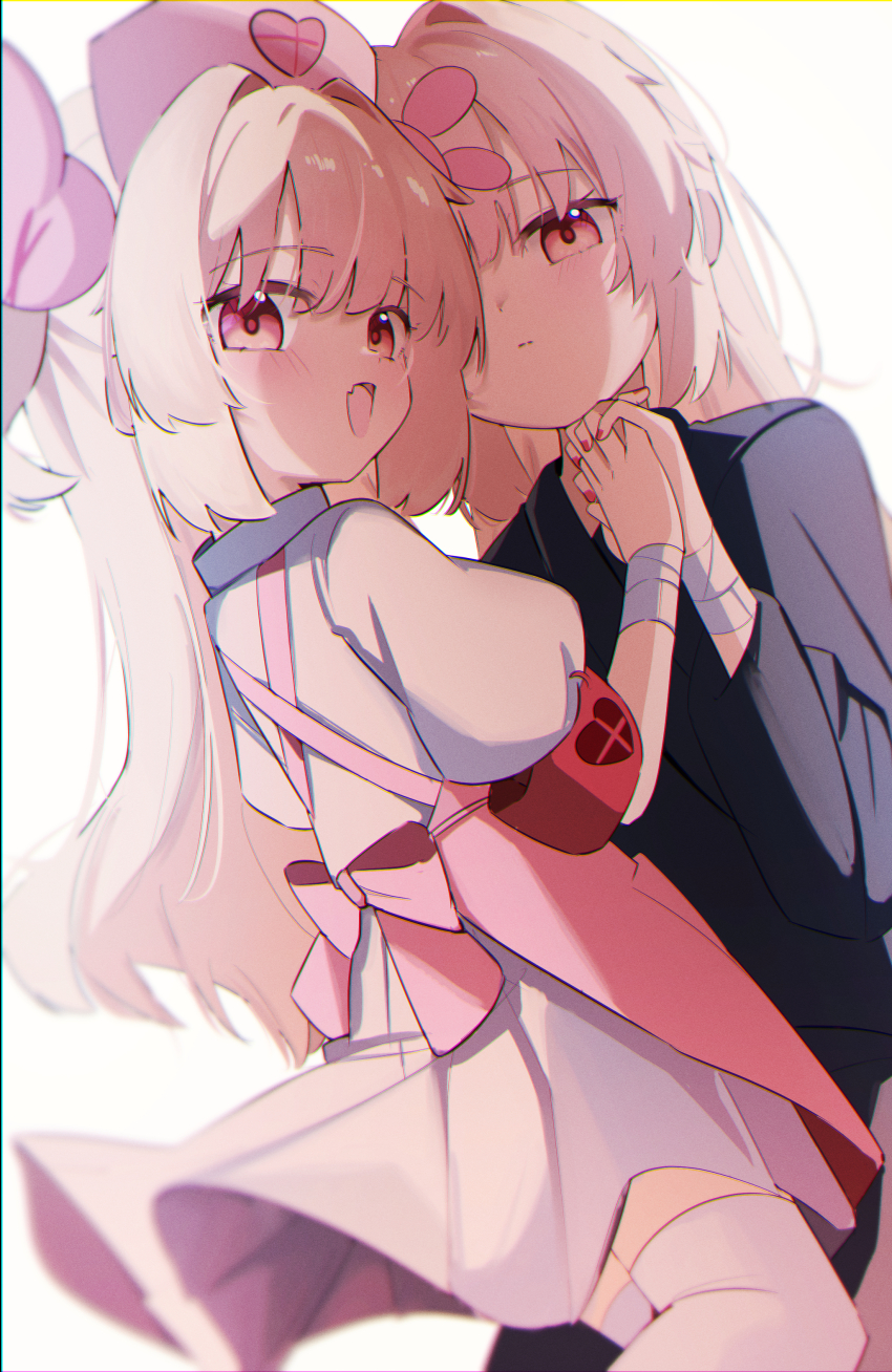 2girls absurdres aoi_(swoi_ekk) apron armband bandaged_wrist bandages blonde_hair blush fang hair_ornament hat heart heart_print highres looking_at_viewer multiple_girls natori_sana natori_sana_(hospital_gown) natori_sana_(nurse) nurse_cap open_mouth pink_apron rabbit_hair_ornament red_armband red_eyes sana_channel shirt thighhighs white_background white_shirt white_thighhighs