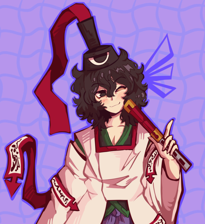1other androgynous black_eyes black_hair black_hat blue_background detached_sleeves eye_of_senri grin gzpxllztt hair_horns hat highres holding japanese_clothes jinbei_(clothes) kariginu len&#039;en long_sleeves object_to_mouth ofuda ofuda_on_clothes other_focus pointing pointing_up red_ribbon redrawn ribbon senri_tsurubami smile solo upper_body