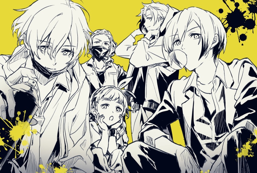 5boys chewing_gum delinquent hair_ribbon hanamura_shoma hanazono_momohito himeno_kanon hood hoodie idolmaster idolmaster_side-m idolmaster_side-m_growing_stars kamiya_yukihiro kitamura_sora male_focus mask mole mole_under_eye mouth_mask multiple_boys ribbon simple_background spray_can tarou_(2taro8) yellow_background