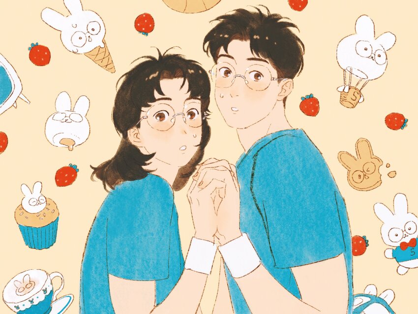 1boy 1girl aircraft animalization blue_shirt brown_eyes brown_hair chengongzi123 commentary cookie cup cupcake dual_persona food fruit genderswap genderswap_(mtf) hand_up highres holding_hands hot_air_balloon ice_cream kogure_kiminobu long_hair looking_at_viewer parted_lips rabbit rimless_eyewear round_eyewear shirt short_hair short_sleeves slam_dunk_(series) strawberry symbol-only_commentary teacup upper_body very_short_hair yellow_background