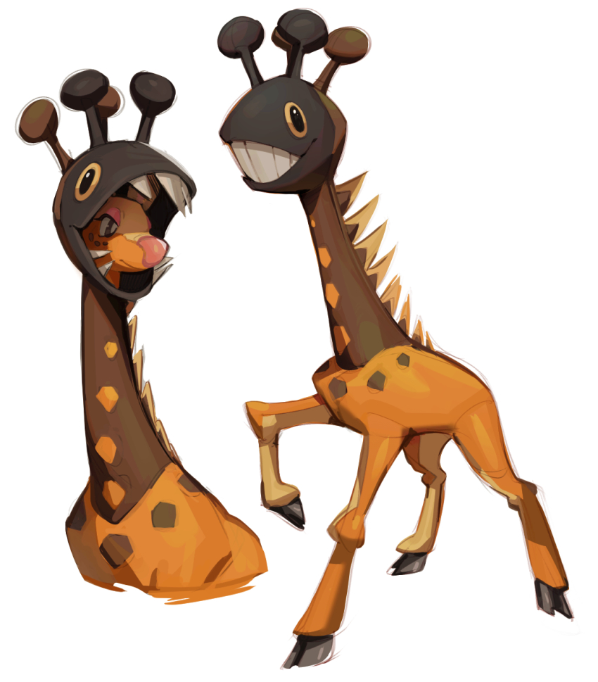 eskey eyelashes farigiraf giraffe grin highres hood hoodie hooves horns long_neck makeup mascara monster nintendo no_humans pokemon pokemon_(creature) sharp_teeth simple_background smile spikes spots teeth white_background yellow_eyes
