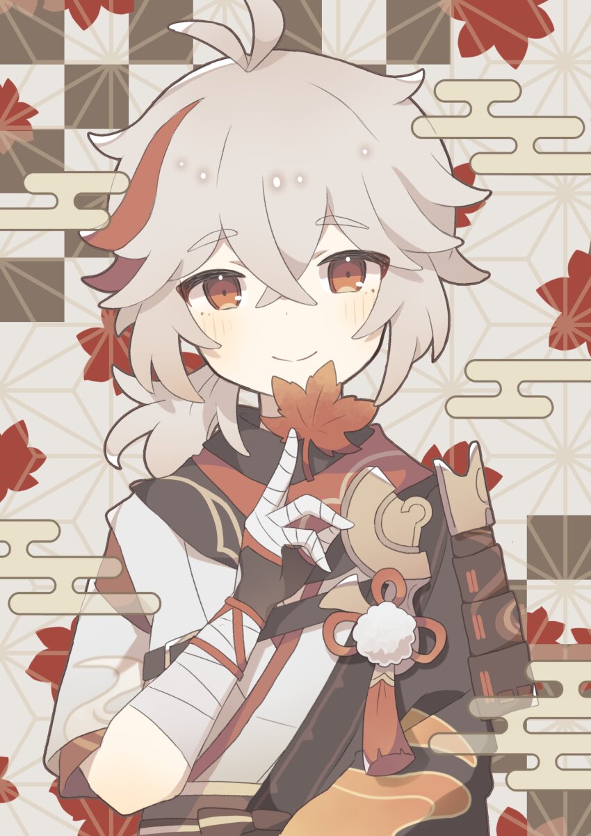1boy absurdres antenna_hair armor asa_no_ha_(pattern) bandaged_arm bandaged_hand bandages checkered_background chinese_knot crossed_bangs egasumi genshin_impact highres holding holding_leaf japanese_armor japanese_clothes kaedehara_kazuha komano_shia leaf leaf_print light_brown_background looking_at_viewer male_focus maple_leaf maple_leaf_print multicolored_hair red_eyes red_hair smile solo streaked_hair upper_body white_hair