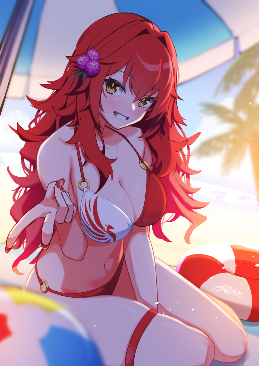 1girl alternate_costume animal_print ayuman ball beach beach_towel beach_umbrella beachball bikini bird_print blush breasts cleavage day grin hair_between_eyes hair_ornament highres kantai_collection large_breasts long_hair looking_at_viewer messy_hair navel o-ring o-ring_bikini on_ground outdoors palm_tree phoenix_(kancolle) red_bikini red_hair sand shore smile solo swim_ring swimsuit thigh_strap towel tree umbrella v yellow_eyes