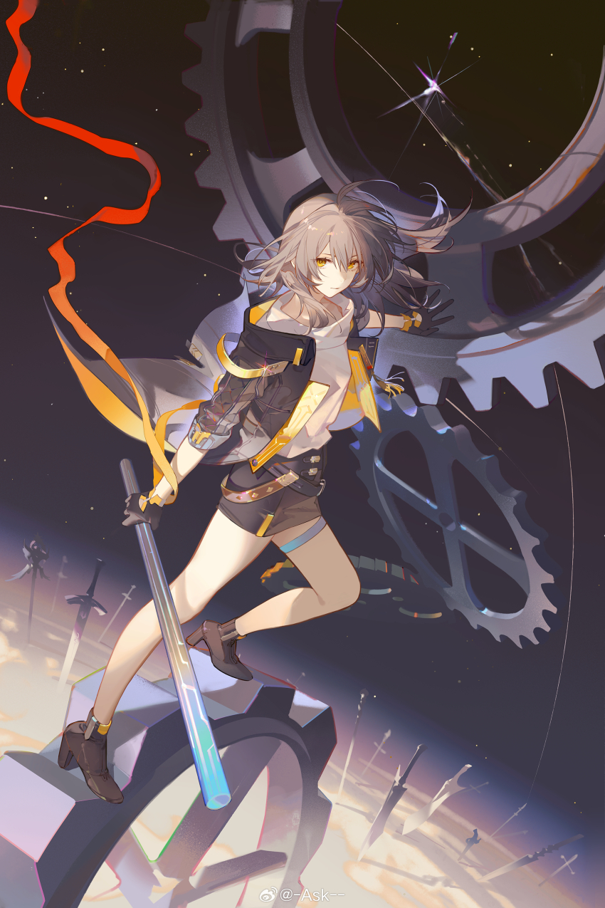 1girl absurdres ankle_boots ask_(askzy) black_boots black_coat black_gloves black_skirt boots closed_mouth coat floating_hair full_body gloves grey_hair high_heel_boots high_heels highres honkai:_star_rail honkai_(series) long_hair long_sleeves looking_at_viewer night night_sky open_clothes open_coat shirt skirt sky smile standing star_(sky) starry_sky stelle_(honkai:_star_rail) thigh_strap trailblazer_(honkai:_star_rail) white_shirt yellow_eyes