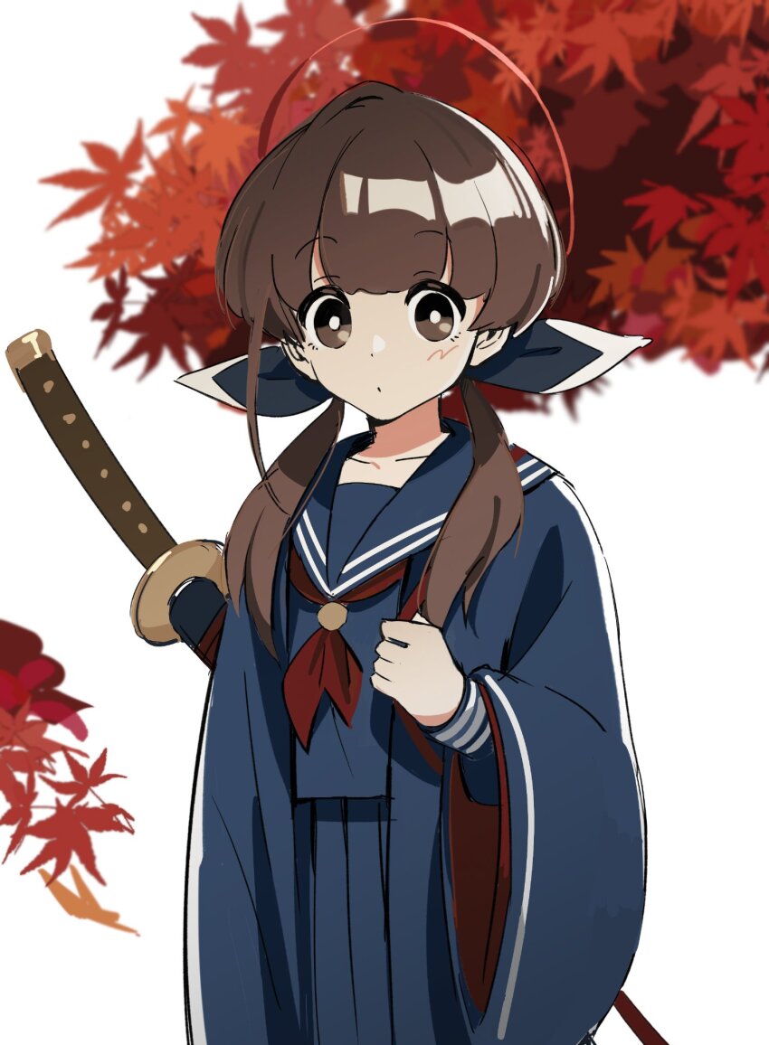 1girl attsei black_serafuku black_shirt black_skirt bright_pupils brown_eyes brown_hair commentary cowboy_shot halo highres katana leaf long_hair long_sleeves looking_at_viewer maple_leaf ohitome_kohane project_kv red_halo school_uniform serafuku shirt skirt solo sword symbol-only_commentary twintails weapon white_pupils wide_sleeves