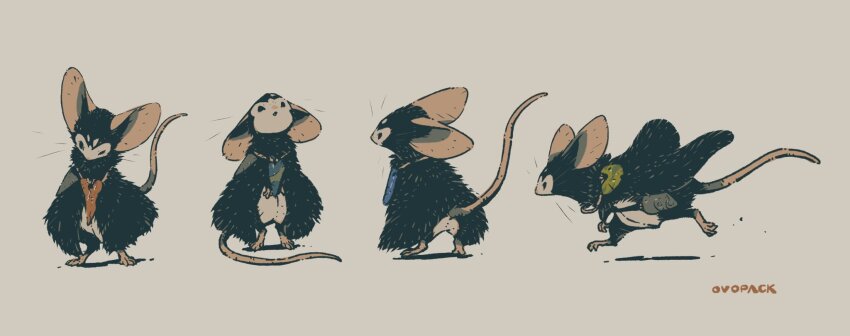 animal animal_focus artist_name black_cloak brown_background cloak clothed_animal full_body fur_cloak highres jewelry mouse_(animal) multiple_views murayama_ryota no_humans one_eye_closed original pendant running signature simple_background standing whiskers