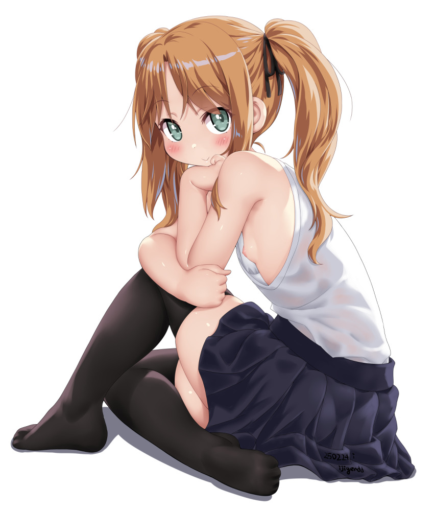 1girl bare_shoulders black_thighhighs blush breasts brown_hair camisole dd_(ijigendd) full_body green_eyes highres long_hair looking_at_viewer nipple_slip nipples no_shoes original pleated_skirt simple_background sitting skirt small_breasts smile solo thighhighs twintails white_background