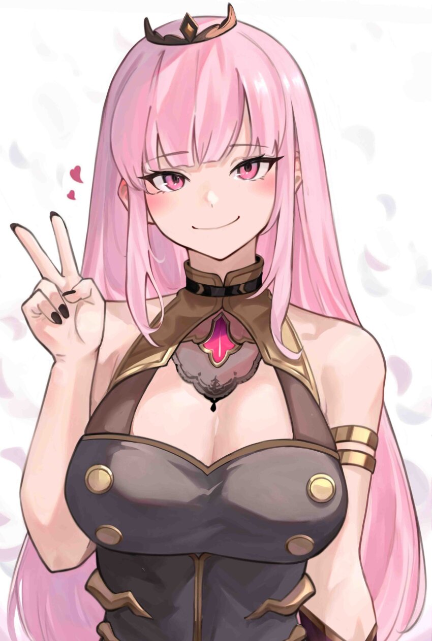 1girl absurdres black_dress blush breasts cleavage crown dress grey_background highres hololive hololive_english large_breasts long_hair maro2ki3 mini_crown mori_calliope mori_calliope_(1st_costume) pink_eyes pink_hair simple_background sleeveless sleeveless_dress solo upper_body v very_long_hair virtual_youtuber