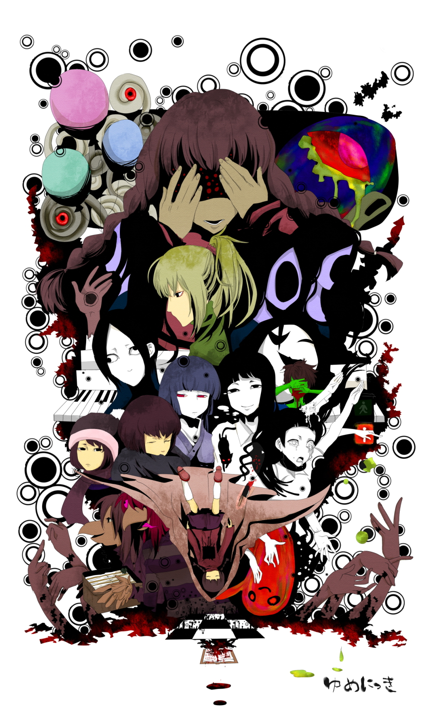 2boys 6+girls absurdres balloon blood bloody_knife blouse braid character_request colored_skin copyright_name covering_own_eyes dual_persona everyone falling green_shirt green_skin highres instrument kamakurako kasei-san knife kyukkyu-kun lamppost madotsuki mafurako marimoto_tanishi monoe monoko monster monster_girl multiple_boys multiple_girls piano poniko ponytail red_shirt school_uniform sekomumasada_sensei shirt shitaisan simple_background skirt tokuto-kun toriningen traffic_light twin_braids twintails uboa upside-down white_background white_shirt yuki_onna yume_nikki