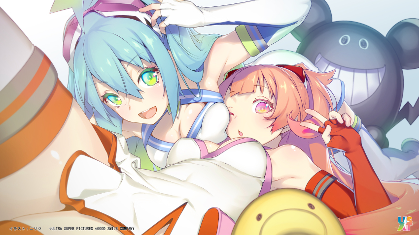 2girls :d all_fours aqua_hair artist_name blue_gloves breast_press breasts cheek-to-breast chestnut_mouth cleavage company_name elbow_gloves end_card fingerless_gloves gloves green_eyes highres long_hair lying multiple_girls nilitsu on_back one_eye_closed open_mouth red_eyes red_gloves red_hair smile sumako_(ultra_super_anime_time) supika_(ultra_super_anime_time) thighhighs thighs tucking_hair ultra_super_anime_time v
