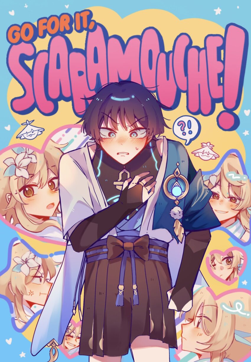 !? 1boy 1girl :t alphastroo anger_vein aranara_(genshin_impact) arm_at_side belt black_belt black_bodysuit black_bow black_bridal_gauntlets black_hair black_shorts blonde_hair blue_cape blue_eyes blue_feathers blue_flower blue_gemstone blue_kimono blue_trim blunt_ends blush bodysuit bow bridal_gauntlets brown_eyes cape character_name cheek_bulge clenched_hand closed_eyes closed_mouth english_text eyelashes feather_hair_ornament feathers flower furisode ganbare!_nakamura-kun!! gem genshin_impact glowing_gem glowing_markings gold gold_ring grin hair_between_eyes hair_flower hair_ornament hakama hakama_shorts hand_on_own_chest hand_up heart highres japanese_clothes juban kimono looking_at_viewer looking_past_viewer looking_to_the_side lumine_(genshin_impact) meme middle_ring multicolored_flower one_eye_closed open_clothes open_kimono parted_lips pleated_shorts pom_pom_(clothes) purple_rope purple_sash rope sash scaramouche_(genshin_impact) scarf short_hair short_hair_with_long_locks short_sleeves shorts shoulder_peek sidelocks sideways_mouth smile smirk spoken_interrobang tassel v-shaped_eyebrows vision_(genshin_impact) wanderer_(genshin_impact) white_flower white_kimono white_mouth white_scarf white_sleeves wide-eyed wispy_bangs yellow_feathers