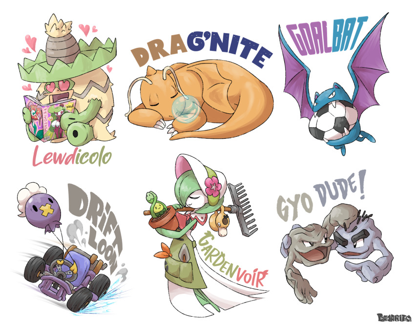 alolan_form alolan_geodude artist_name ball bat_(animal) car dragon dragonite drifloon elcajarito english_text gardevoir gen_1_pokemon gen_3_pokemon gen_4_pokemon gen_7_pokemon geodude golbat heart heart-shaped_pupils highres ludicolo magazine_(object) motor_vehicle nintendo no_humans nose_bubble plant pokemon pokemon_(creature) potted_plant pun race_vehicle racecar rake simple_background sleeping soccer_ball symbol-shaped_pupils white_background