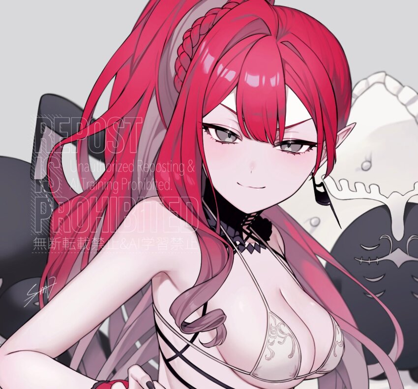 1girl baobhan_sith_(fate) baobhan_sith_(swimsuit_pretender)_(fate) baobhan_sith_(swimsuit_pretender)_(third_ascension)_(fate) bikini blush breasts cernunnos_(fate) cleavage detached_collar earrings fate/grand_order fate_(series) grey_background grey_eyes highres jewelry long_hair looking_at_viewer pink_hair pointy_ears side_ponytail smile solo stuffed_animal stuffed_rabbit stuffed_toy sumi_(gfgf_045) swimsuit upper_body white_bikini