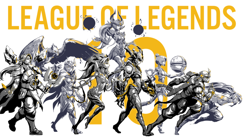 2boys 6+girls akali animal armor ball bare_shoulders bird bow_(weapon) cape closed_mouth crossbow crystal dashing earrings energy closed_eyes fingerless_gloves floating floating_ball flying gauntlets gloves greaves greyscale helmet highres holding holding_crossbow holding_sword holding_weapon jewelry league_of_legends long_hair mace mask medium_hair monochrome mouth_mask multiple_boys multiple_girls muscular ninja no_pupils orianna_(league_of_legends) parted_lips pauldrons phantom_ix_row plant quinn_(league_of_legends) robot scabbard scales sheath sheathed shen_(league_of_legends) short_hair shoulder_armor shyvana skirt smile spot_color sword syndra taric tattoo vines walking weapon yellow_eyes zyra