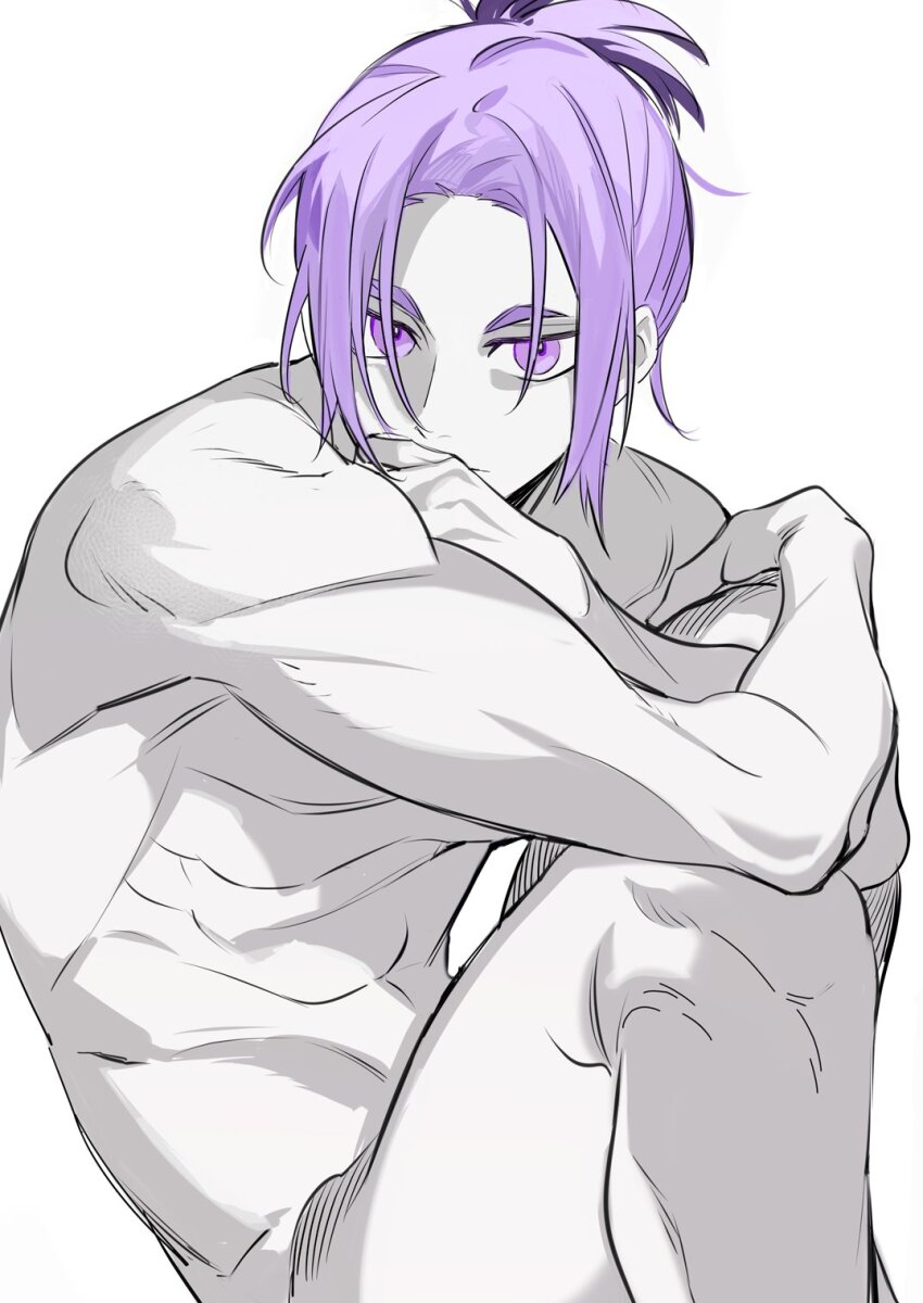1boy abs blue_lock completely_nude crossed_arms feet_out_of_frame gwillarmy highres hugging_own_legs knees_up looking_to_the_side male_focus mikage_reo nude parted_bangs purple_eyes purple_hair sideways_glance simple_background sitting solo spot_color toned toned_male white_background