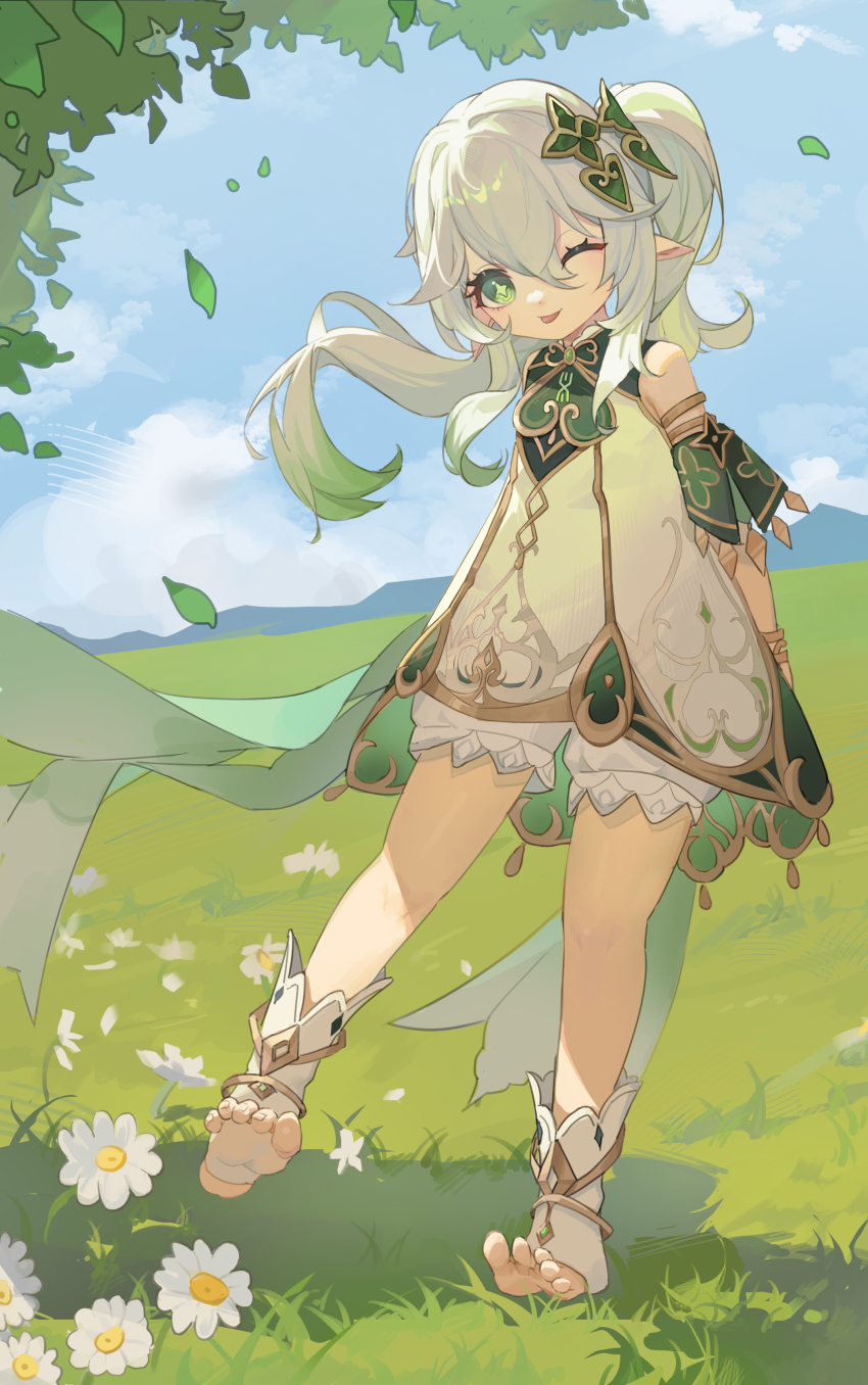 1girl absurdres armlet arms_behind_back bare_shoulders cloud flower genshin_impact green_eyes highres jewelry kuweichuanxin_jr leaf leg_up long_hair looking_at_viewer nahida_(genshin_impact) on_grass one_eye_closed pointy_ears sky sleeveless tongue tongue_out