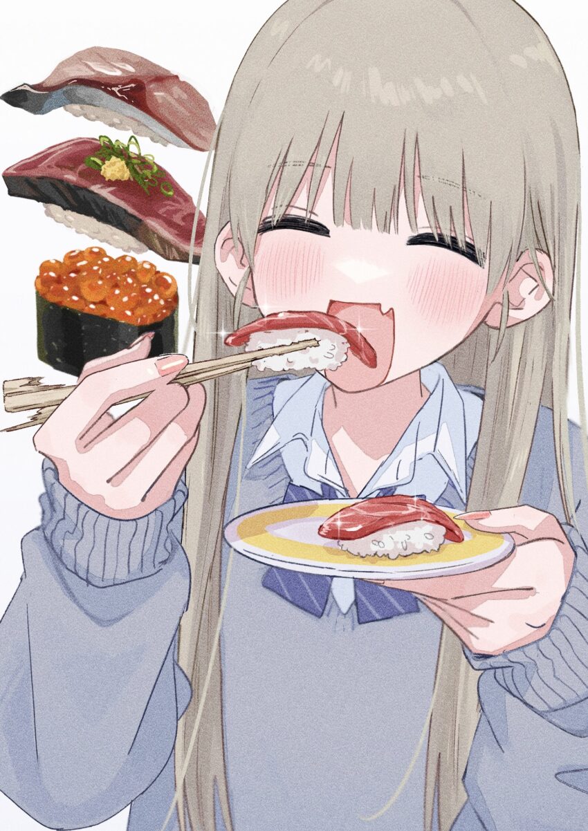1girl absurdres blush chopsticks closed_eyes collared_shirt eating fang food grey_hair grey_sweater hamafugu highres holding holding_chopsticks holding_plate long_hair long_sleeves open_mouth original pink_nails plate second-party_source shirt simple_background skin_fang solo sparkle sushi sweater twitter_suki upper_body white_background white_shirt