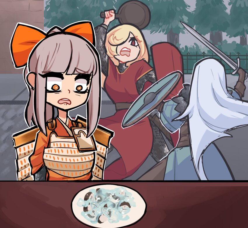 3girls armor blonde_hair bow brown_hair centurii-chan chainmail character_request disgust duel fighting food frying_pan gloves hair_bow high_ponytail highres holding holding_frying_pan holding_shield holding_sword holding_weapon japanese_armor jellied_eel long_hair multiple_girls orange_eyes original ponytail red_eyes samurai samurai_(centurii-chan) shield shoulder_armor sode sword viking viking_(centurii-chan) weapon white_hair