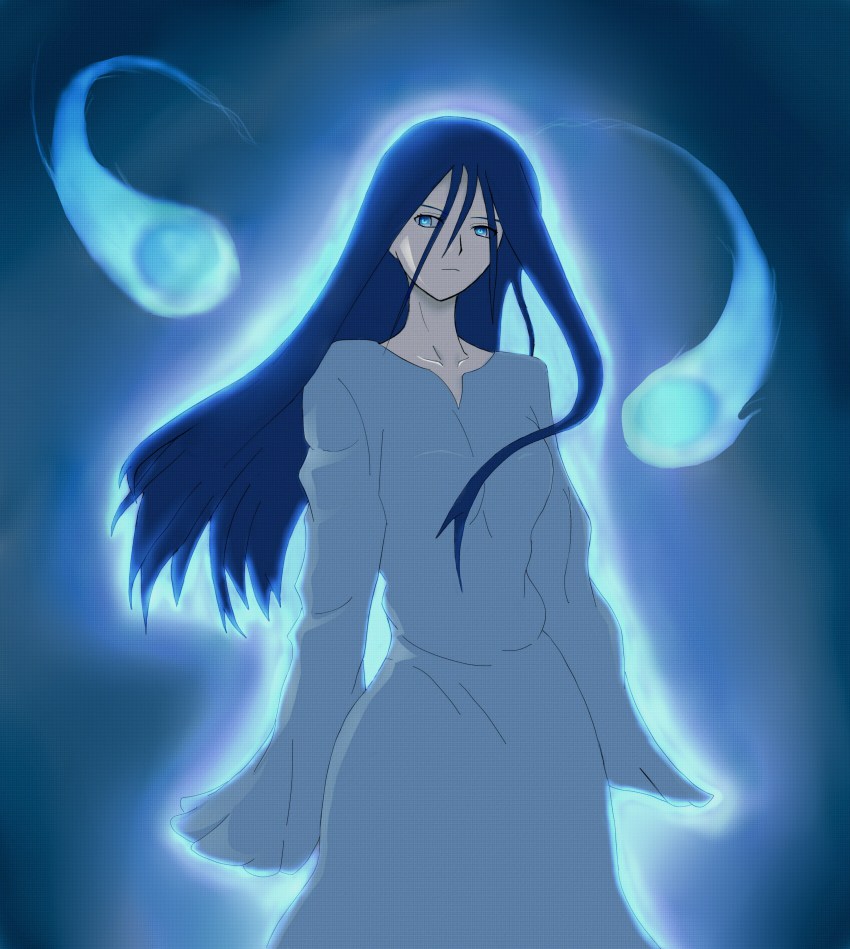 1girl absurdres black_hair blue_eyes blue_hair dress female_focus fujou_kirie glowing glowing_eyes highres kara_no_kyoukai long_dress long_hair matching_hair/eyes solo very_long_hair white_dress