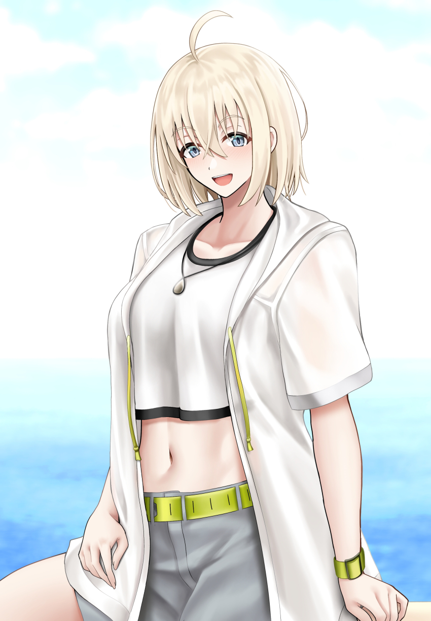 1girl :d absurdres ahoge azur_lane banba_(jakqbigone) bataan_(azur_lane) belt blonde_hair blue_eyes breasts collarbone commentary_request cosplay crop_top cropped_shirt drawstring fate/grand_order fate_(series) fujimaru_ritsuka_(female) fujimaru_ritsuka_(female)_(cosplay) fujimaru_ritsuka_(female)_(summer_street) green_belt grey_shorts hair_between_eyes highres hood hood_down hooded_jacket jacket jewelry looking_at_viewer medium_breasts midriff navel necklace open_mouth shirt short_hair short_sleeves shorts sidelocks sitting smile solo watch white_jacket white_shirt wristwatch