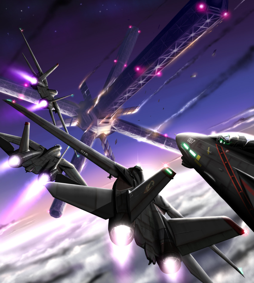 ace_combat ace_combat_5 afterburner aircraft airplane cloud commentary demon_of_razgriz emblem f-14 falling fighter_jet flying highres military military_vehicle missile no_humans pilot razgriz razgriz_squadron satellite sky smoke solg star_(sky) vehicle_focus war zephyr164