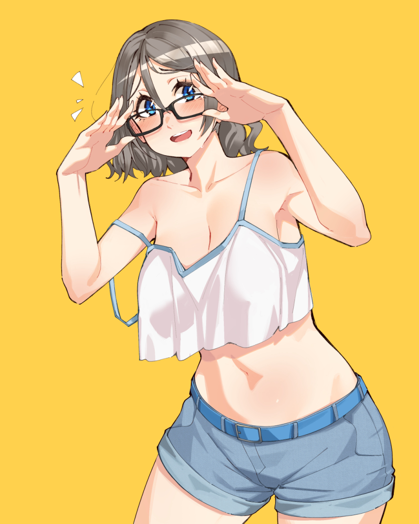 1girl abs armpits arms_up blue_eyes blush brown_hair covered_erect_nipples glasses hands_up highres looking_at_viewer loose_clothes love_live! love_live!_sunshine!! midriff navel open_mouth short_hair shorts simple_background stomach tank_top thighs toadsterz watanabe_you