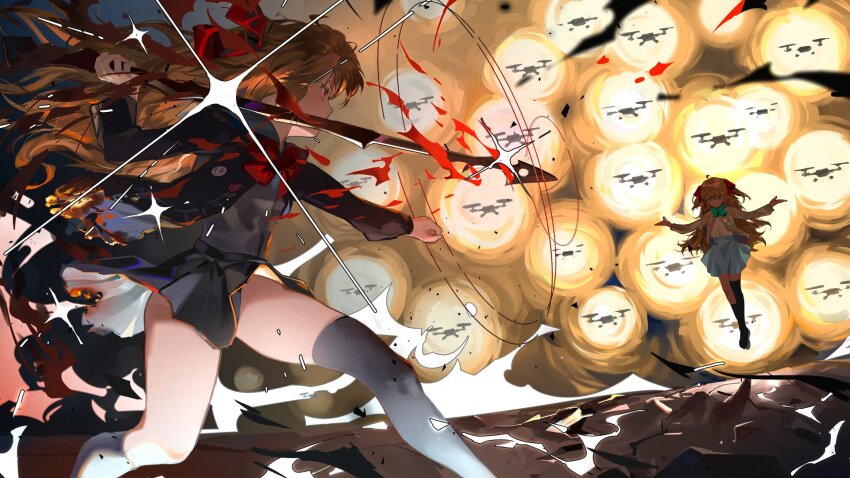 2girls aiming aqua_bow aqua_bowtie aqua_eyes asymmetrical_legwear badge battle black_cardigan black_skirt black_socks black_thighhighs blue_skirt blurry blurry_foreground bow bowtie brown_hair burnt_clothes button_badge cardigan closed_mouth commentary dress_shirt drone duel energy english_commentary evil_neuro-sama eye_contact faceoff fighting_stance floating gate_of_babylon_(fate) glint grey_shirt hair_ornament hair_ribbon hairclip hand_up hands_up harpoon heart heart_hair_ornament highres holding holding_harpoon holding_weapon indie_virtual_youtuber levitation long_hair long_sleeves looking_at_another midair miniskirt multiple_girls neuro-sama outstretched_arms pleated_skirt red_bow red_bowtie red_eyes red_ribbon ribbon serious shirt shockwave single_sock single_thighhigh skirt socks sorenftt sparkle sparkling_aura spread_arms swarm_drone_(neuro-sama) thighhighs two_side_up uneven_legwear virtual_youtuber weapon white_shirt yellow_cardigan