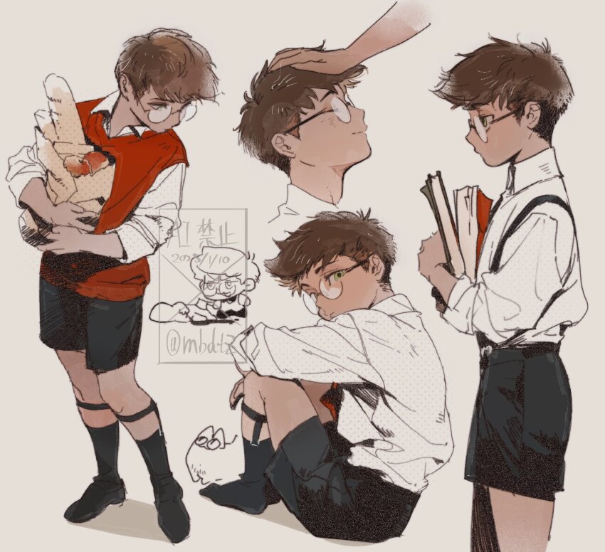 1boy alastor_(hazbin_hotel) bag brown_hair child collared_shirt glasses hazbin_hotel highres looking_at_viewer mbdtz paper_bag shirt shorts white_shirt