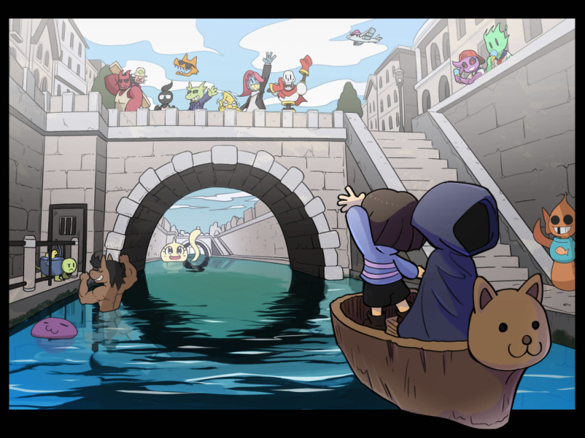 1other 4girls 5boys aaron_(undertale) aircraft airplane alphys arm_up black_border black_shorts blue_cloak blue_sky blue_sweater boat boots border bridge brown_footwear building business_dude_1 business_dude_2 charles_(undertale) cloak creature day echo_flower_explainer ferry_(undertale) fox_head_(undertale) frisk_(undertale) fuku_fire grin hood hood_up hooded_cloak houten_(dre_a_mer) multiple_boys multiple_girls oni_(undertale) onionsan outside_border outstretched_arm papyrus_(undertale) river river_person_(undertale) short_hair shorts skateboard_girl_(undertale) sky smile stairs sweater tsunderplane undertale undyne water watercraft waving woshua