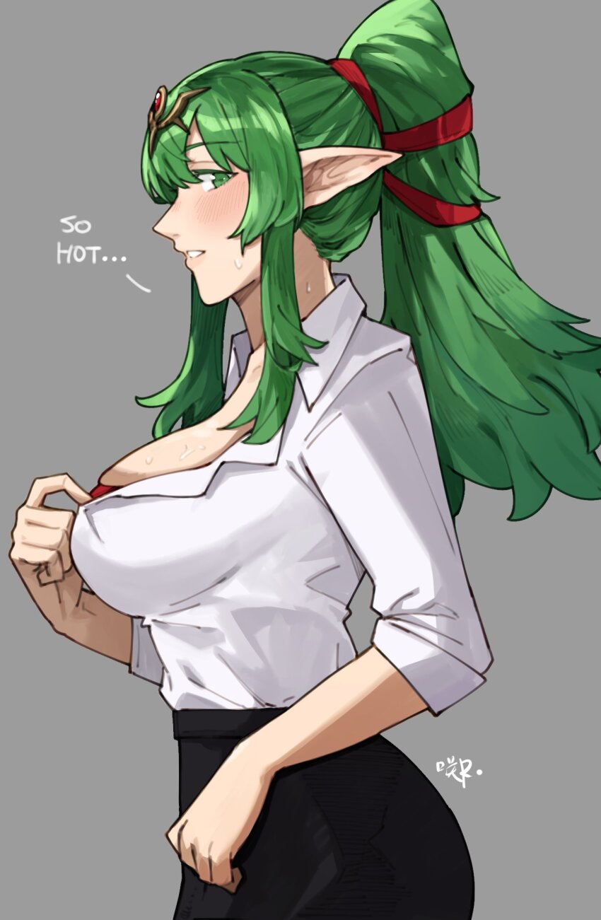 1girl alternate_costume black_skirt blush bra breasts cleavage collared_shirt commentary contemporary english_commentary english_text fire_emblem fire_emblem_awakening green_eyes green_hair grey_background hair_ornament highres hot large_breasts long_hair looking_at_viewer nintendo office_lady pencil_skirt pointy_ears ponytail profile red_bra sakuremi shirt sidelocks signature simple_background skirt sleeves_rolled_up solo sweat tiki_(adult)_(fire_emblem) tiki_(fire_emblem) underwear white_shirt
