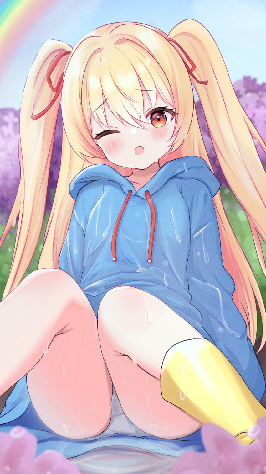 1girl absurdres blonde_hair blush boots collarbone favorite_(company) hair_between_eyes highres hood hoodie irotoridori_no_sekai long_hair looking_at_viewer melenas_(twdy2773) nikaidou_shinku one_eye_closed open_mouth panties raised_eyebrows sitting solo twintails underwear wet wet_clothes white_panties yellow_boots